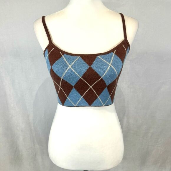Kendall & Kylie blue and brown plaid crop sweater top size small - Picture 1 of 5